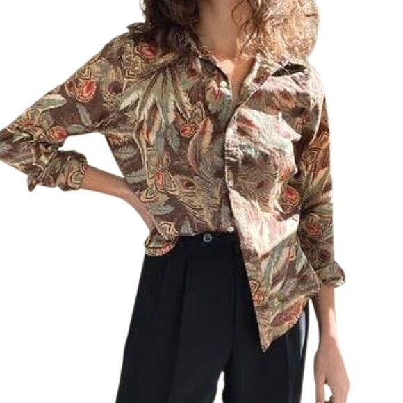 Lauren Ralph Lauren Brown Green Tan Peacock Feather Button-Down Cotton Shirt 1X - Picture 1 of 5